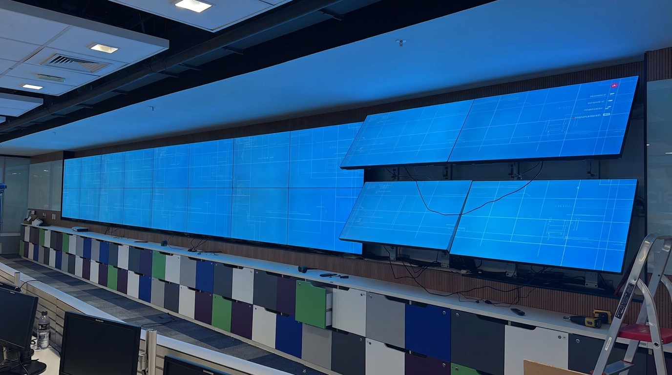 Videowall corporativo de vinte telas em instalação