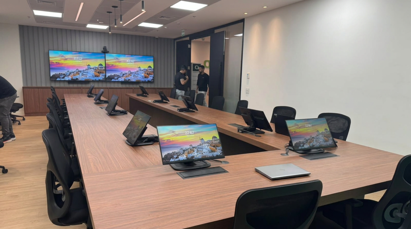 Sala de diretoria Yealink com telas duplas e monitores individuais sobre a mesa