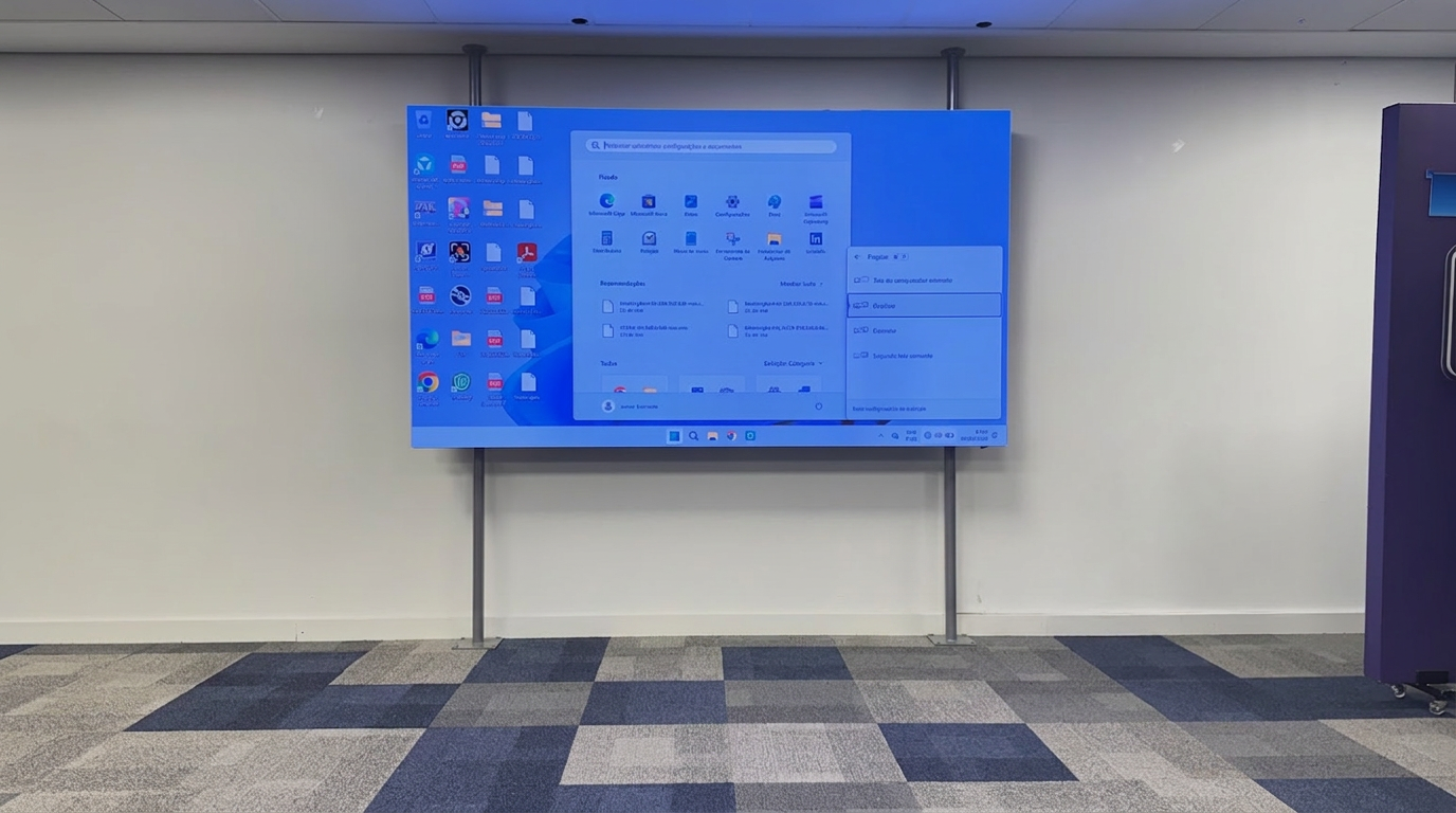 Display corporativo instalado em estrutura vertical piso-teto