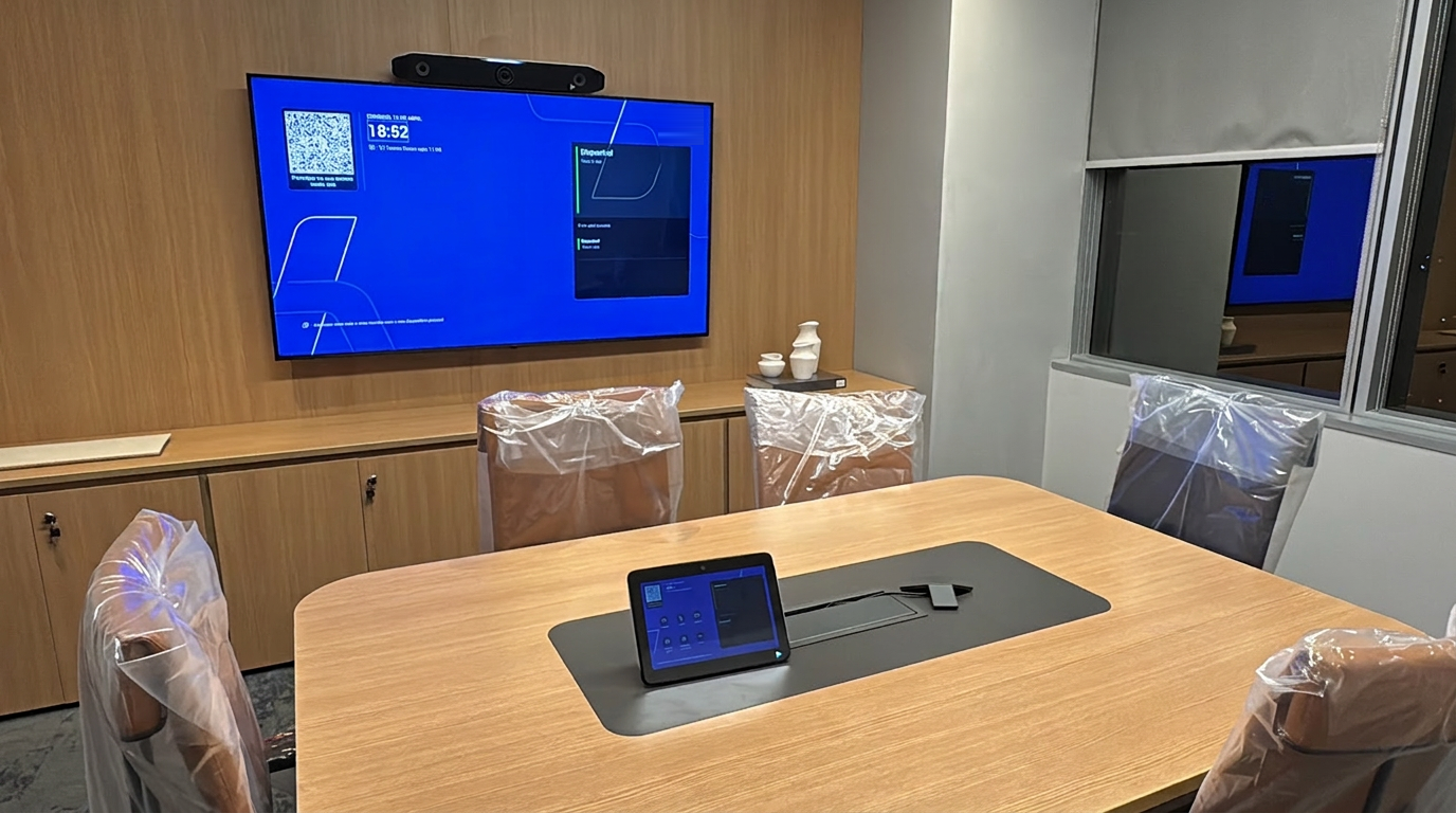 Sala executiva com painel amadeirado, barra de vídeo e controle touch central